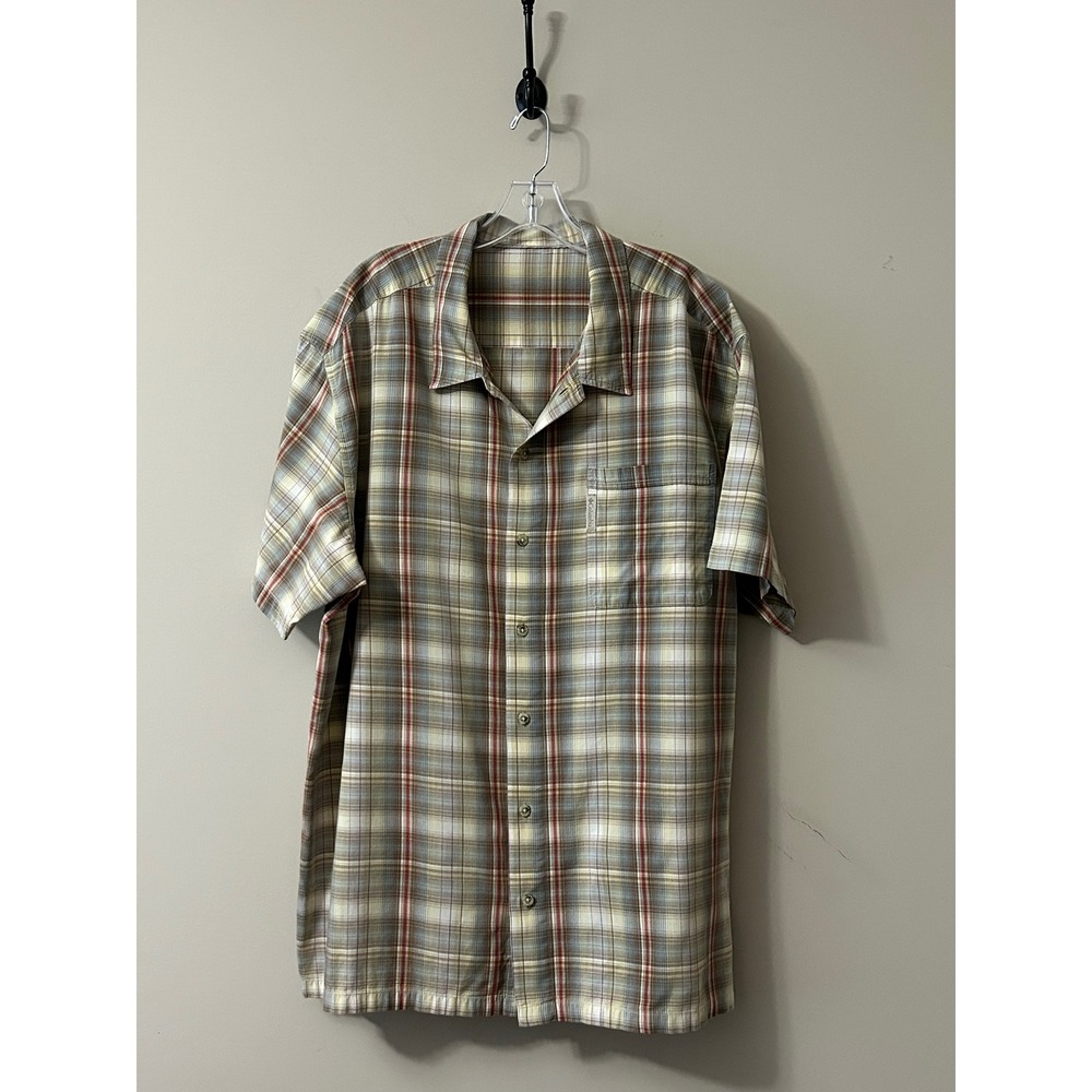 Columbia Mens Plaid Short Sleeve Button Down Shirt Tan Green Red XL